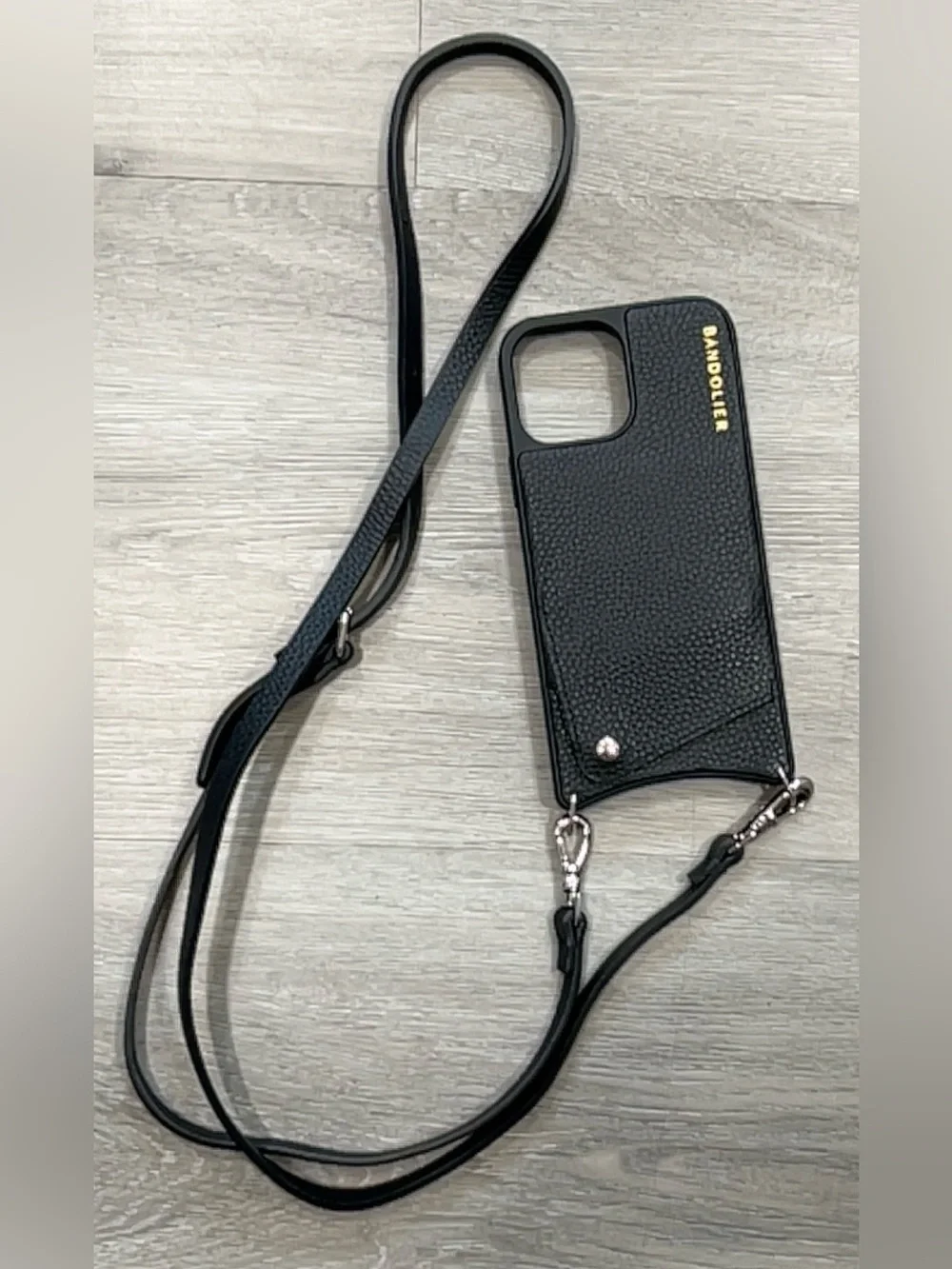 Bandolier Emma iPhone 13 Pro Max Crossbody Case Blk Pebble Leather Silver